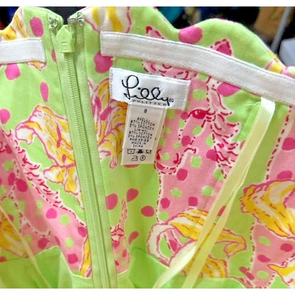 Lilly Pulitzer Strapless Floral Dress Pink Green Cotton Summer Sundress Sz 8 - Picture 11 of 14